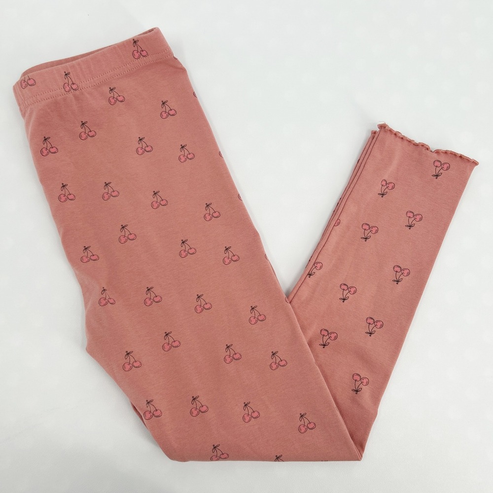 Pouf‎ Girls Novelty Cherry Print Cotton Spandex Ruffle Hem Leggings Size 10 Pink